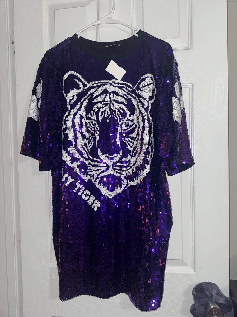 Purple Sequin Tiger Graphic Short Sleeve Tunic